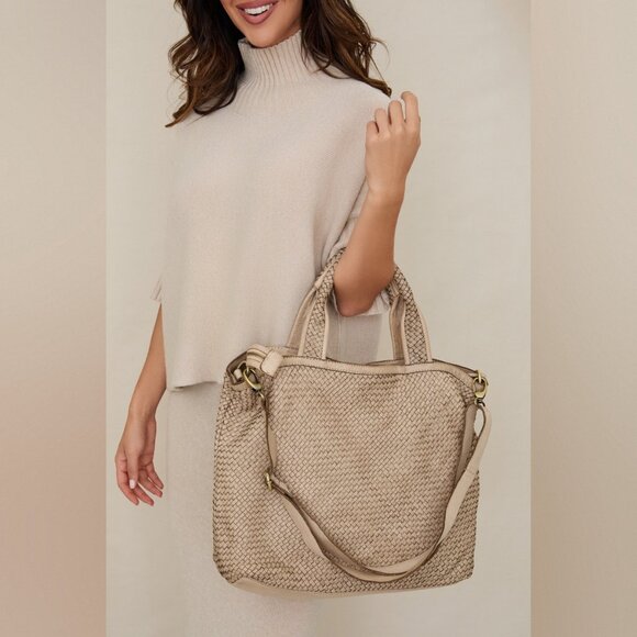(407-BEI) INTRECCIATO (BRAIDED) LEATHER TOTE BAG WITH SHOULDER STRAP - Picture 1 of 3